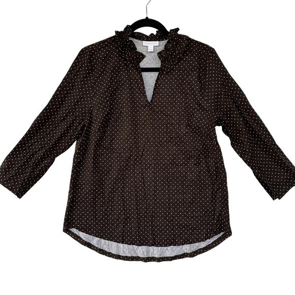 Charter Club Brown Polka Dot Tunic Blouse Womens L Peasant Boho Ruffle Twee Soft - Picture 1 of 12